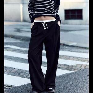 Zara Black Straight Leg Pants with White Drawstring